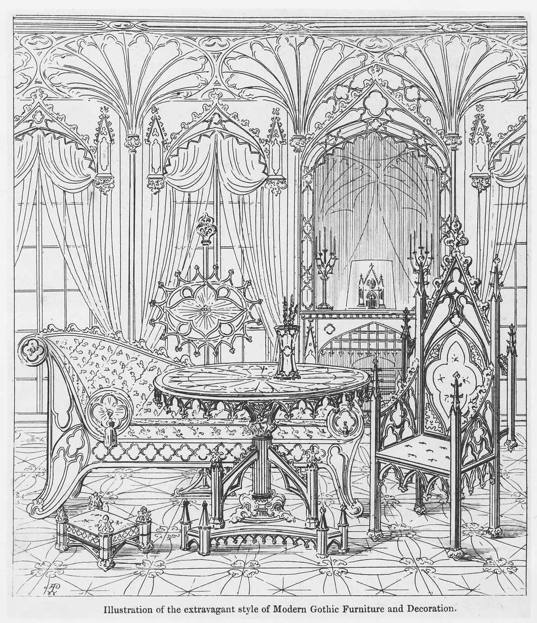 Ilustrace extravagantního stylu moderního gotického nábytku a dekorací, z True Principles of Pointed of Christian Architecture, od Augusta Welbyho Pugina (1812-52) od English School