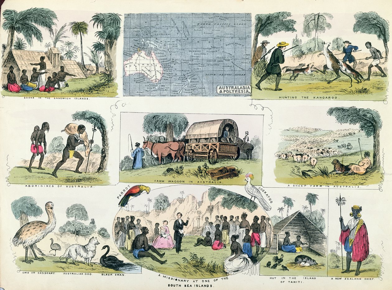 Ilustrace Austrálie a Polynésie, z knihy zeměpisu od English School