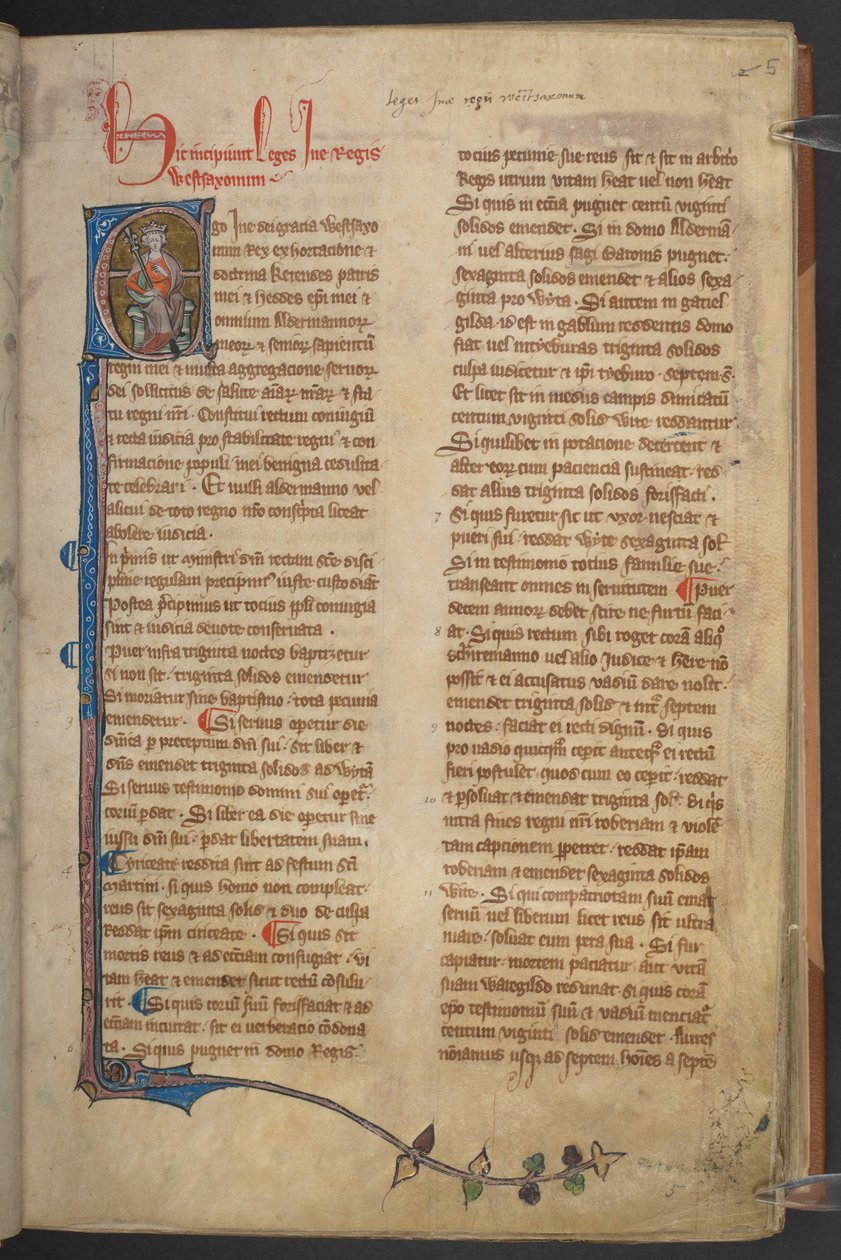 Obrázek krále Ine ze Statutes of England, Cotton Manuscript Claudius D II, f.5r od English School