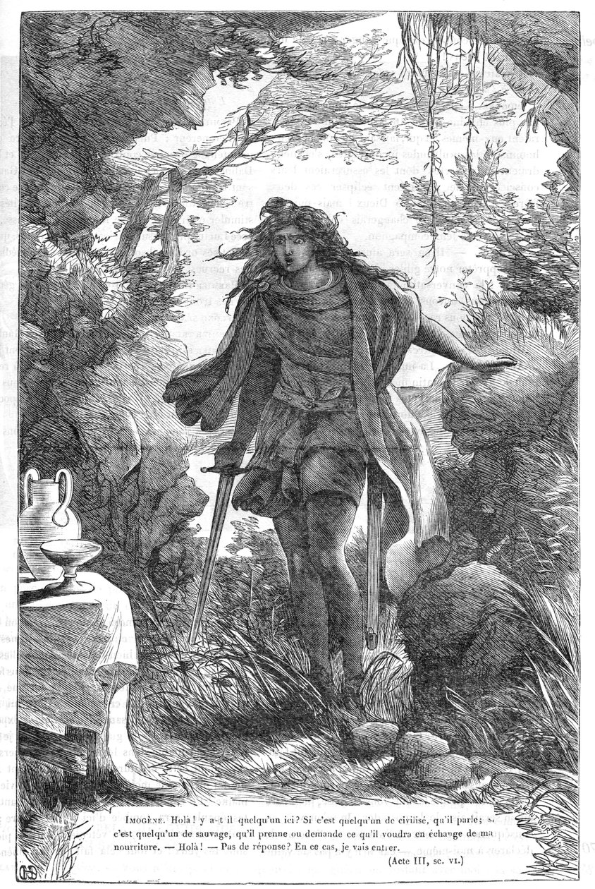 Imogen in Cymbeline – (The Tragedy of Cymbeline, King of Britain) – Ilustrace v „“ Completes de William Shakespeare““ 1866 – Ilustrace a obecná forma tohoto vydání jsou vypůjčeny z Cassellova ilustrovaného Shakespeara, vydaného v Londýně od English School