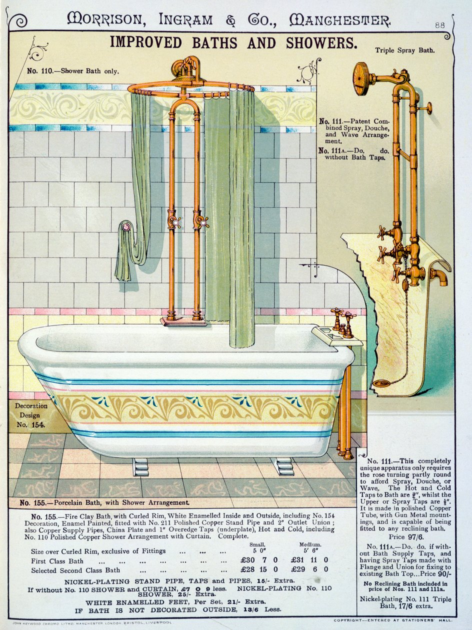 Vylepšené vany a sprchy z katalogu sanitárního zboží vyrobeného společností Morrison, Ingram & Co., Manchester, vydaného kolem roku 1890 od English School