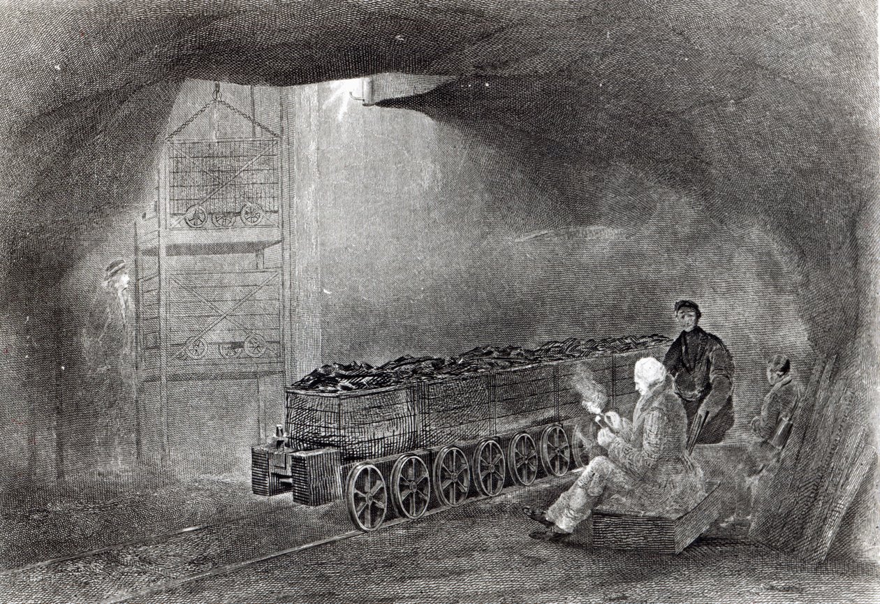 V uhelném dole, ilustrace z „Historie uhlí, koksu, uhelných polí a výroby železa v severní Anglii“ od W. Fordyce, vydané v roce 1860 od English School