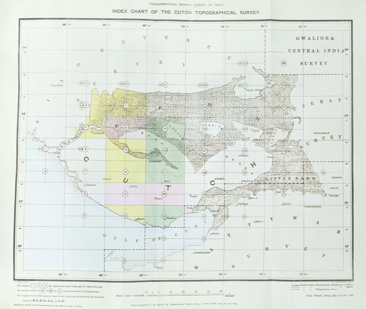 Index Chart of the Cutch Topographical Survey by Trigonometrical Branch, Survey of India, Dehra Dun, listopad, 1881 od English School