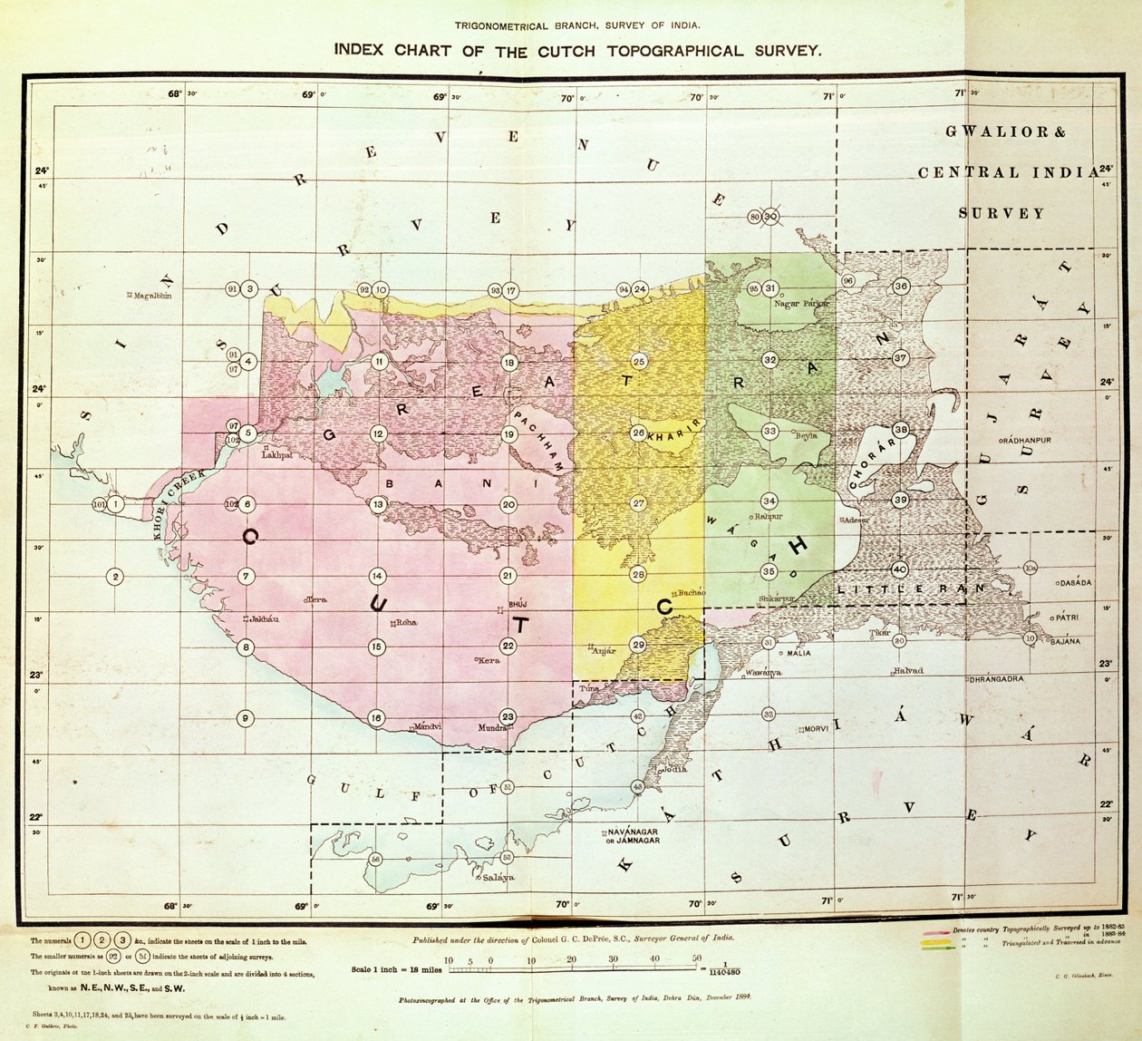 Index Chart of the Cutch Topographical Survey by Trigonometrical Branch, Survey of India, Dehra Dun, listopad, 1884 od English School