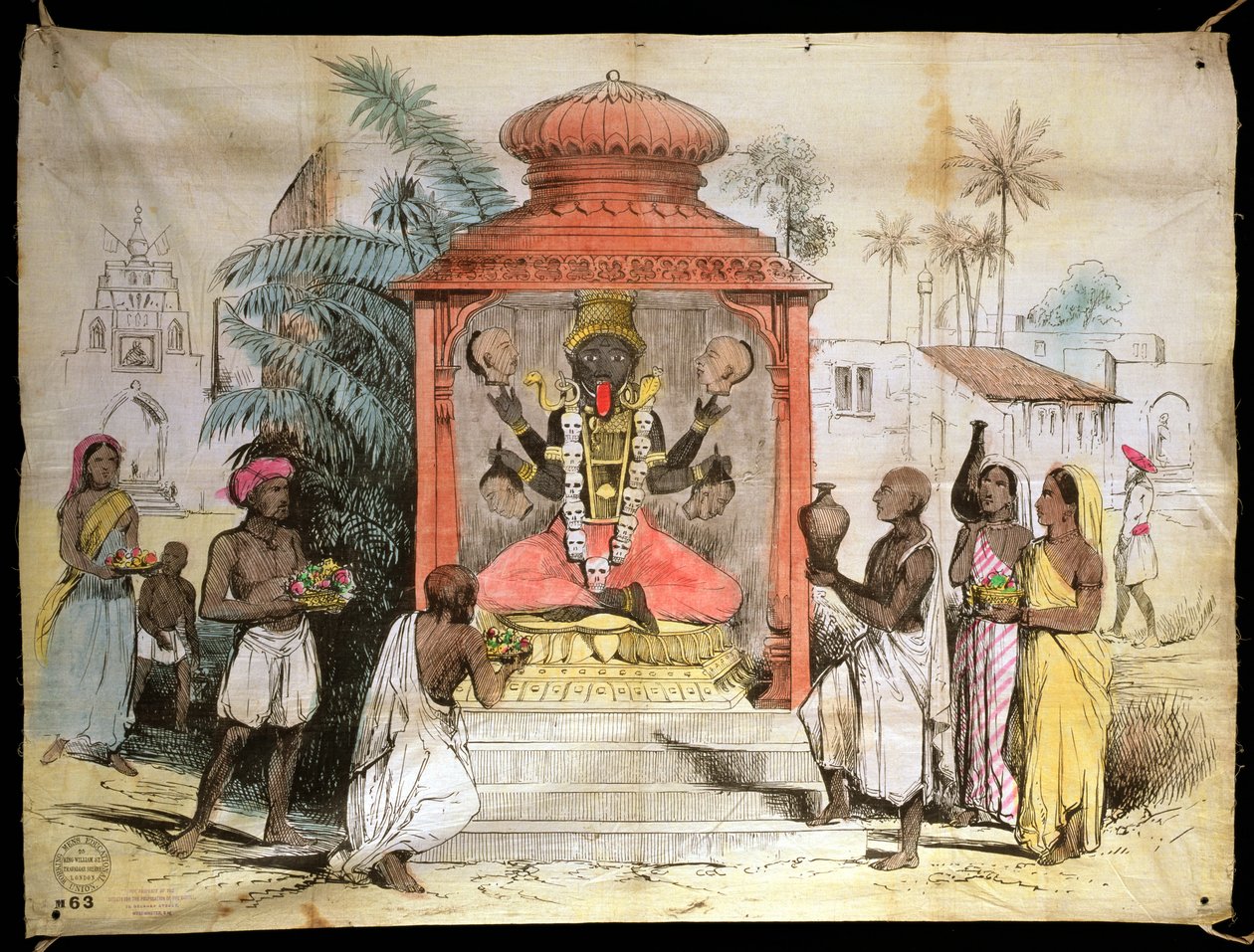 Indie, Postava a uctívání Kali, kolem roku 1850 (inkoust a pere na látku) od English School