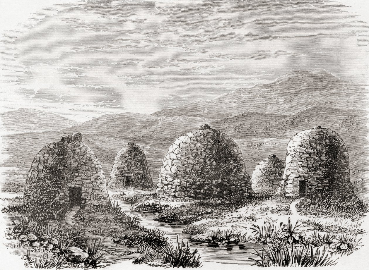 Obydlené chatrče na Uigu, ostrově Lewis ve Vnějších Hebridech v roce 1859, ze „Skotských obrázků kreslených perem a tužkou“, od Samuela G. Greena, publikované v roce 1886 od English School