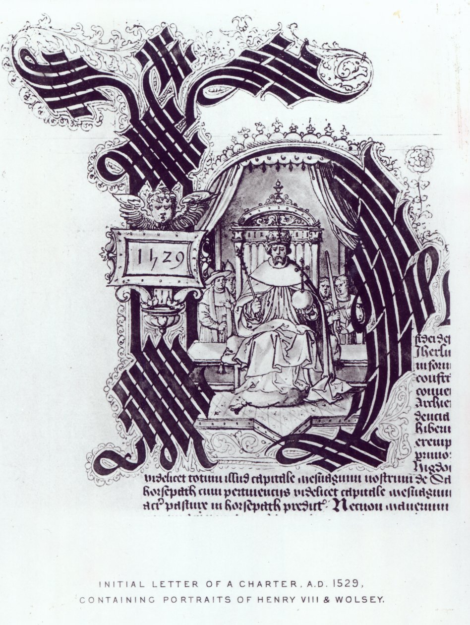 Počáteční dopis charty obsahující portréty Jindřicha VIII. a Wolseyho, 1529 od English School