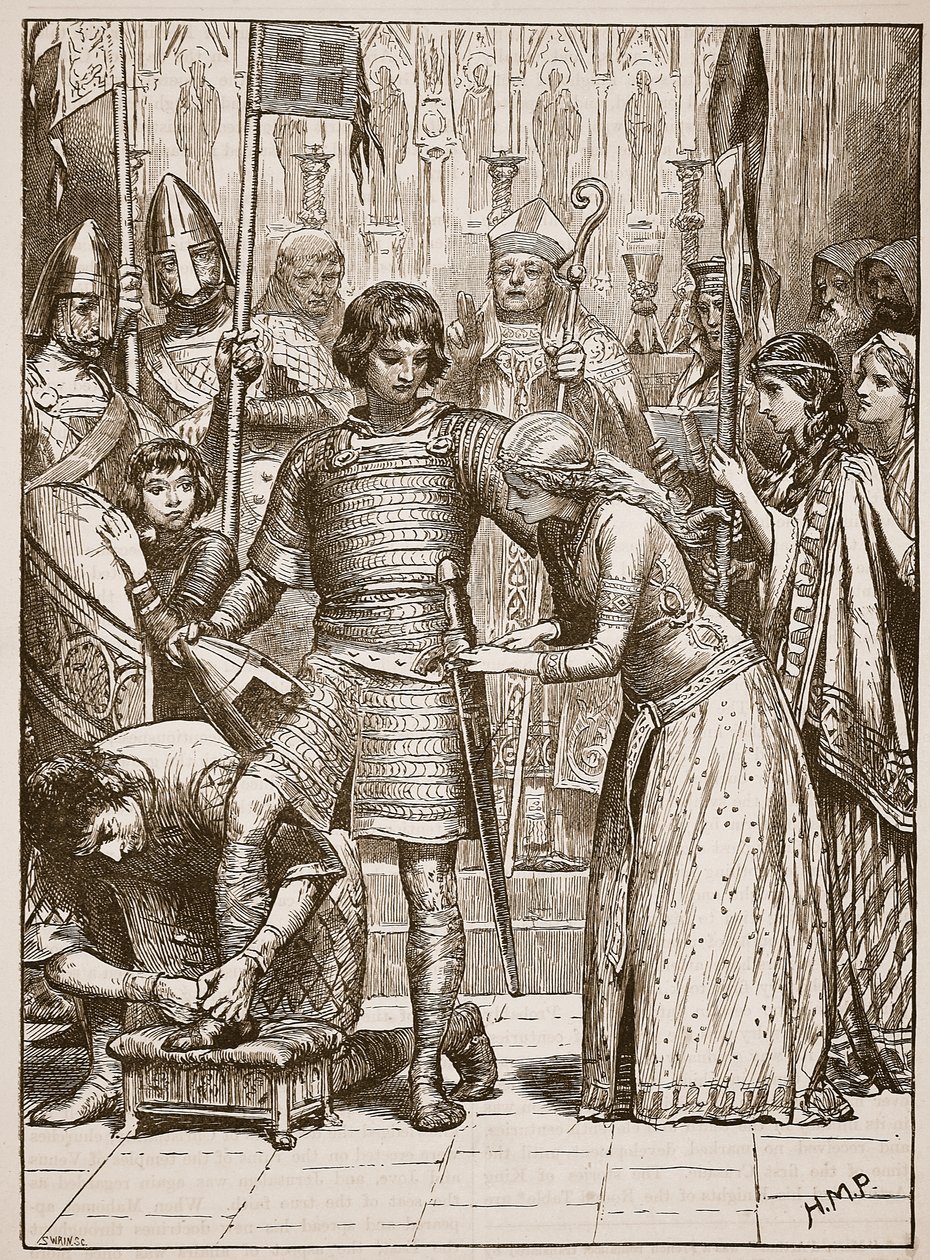 Zasvěcení do rytířského řádu, ilustrace z Cassells Illustrated History of England (sépiová fotografie) od English School