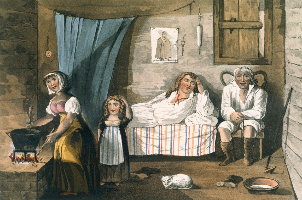 Uvnitř chalupy, z Malebné prohlídky anglických jezer od T.H. Fielding a J. Walton, vydal R. Ackermann, Londýn, 1821 (ručně kolorovaná akvatinta) od English School