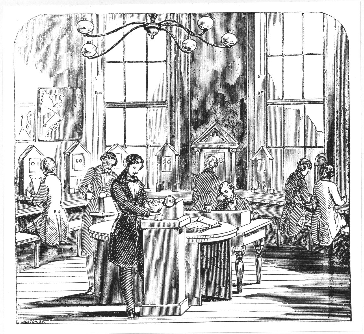 Přístrojová místnost v Electric Telegraph Office, Lothbury, Londýn, z The Museum of Science and Art od Dionysia Lardner, kolem roku 1860 od English School