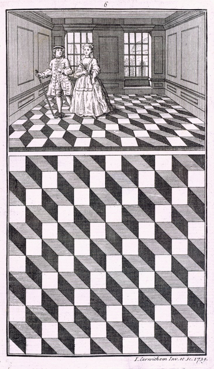 Interiér, ilustrace z různých druhů podlahových dekorací, John Carwitham, 1739, rytina od English School
