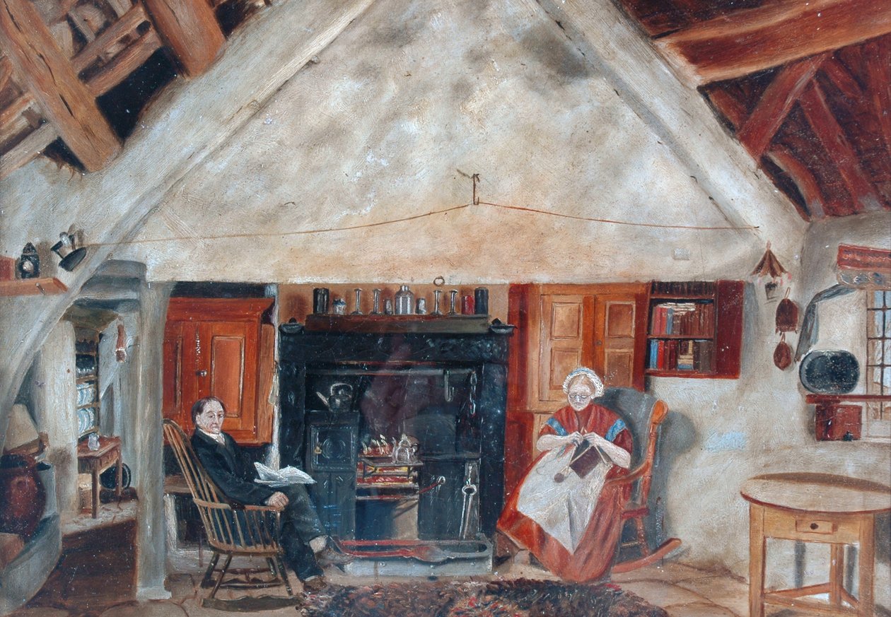 Interiér Cruck Cottage, možná Shipley Glen od English School
