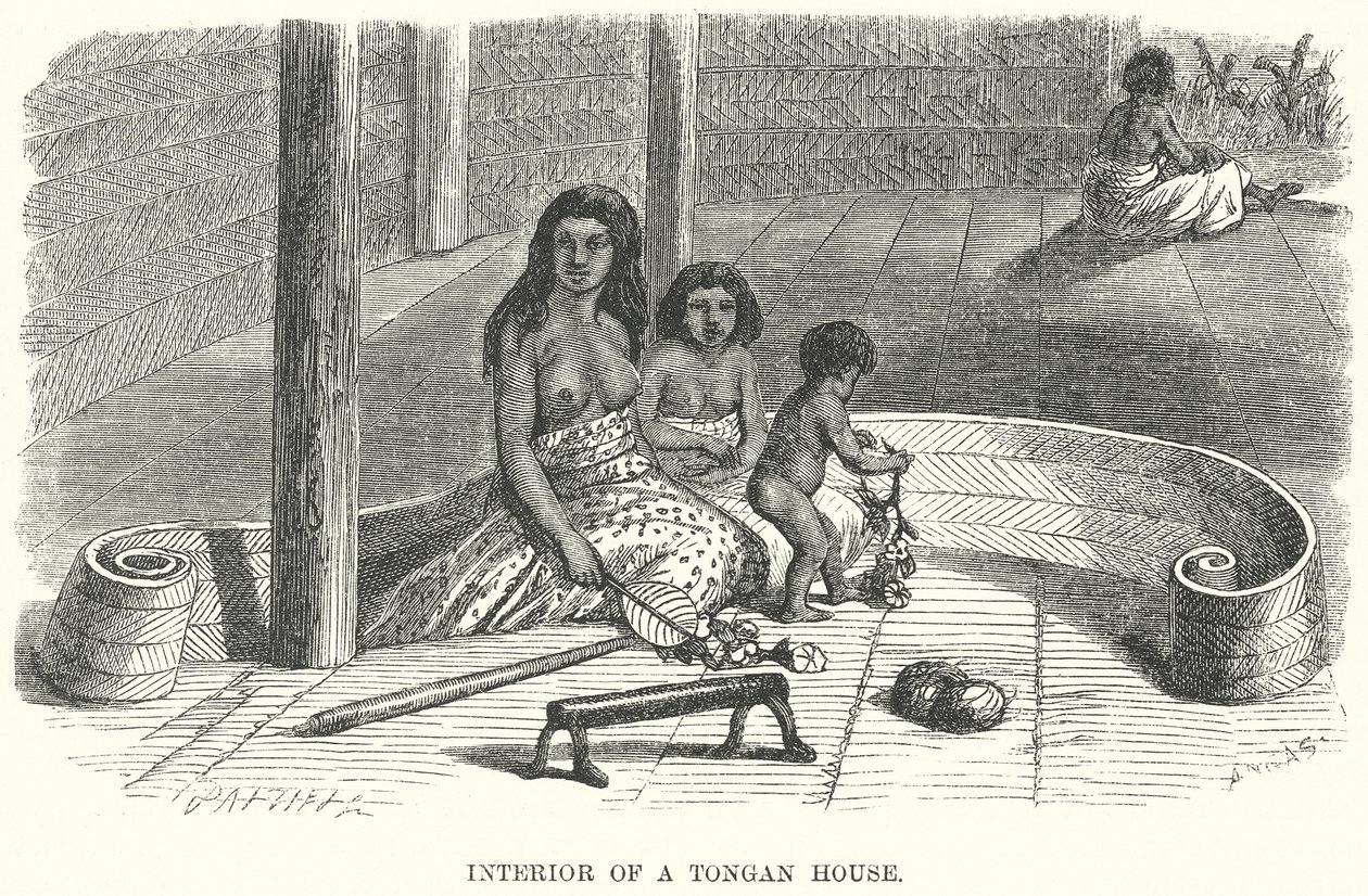 Interiér tonganského domu (rytina) od English School