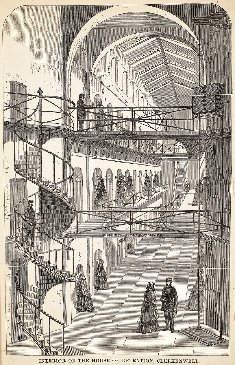 Interiér vazební věznice v Clerkenwellu, ilustrace z knihy The Criminal Prisons of London and Scenes from Prison Life od Henryho Mayhewa a Johna Binnyho, vyd. 1862 od English School