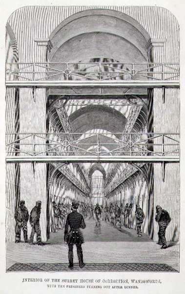 Interiér Surrey House of Correction, Wandsworth, s vězni vycházejícími po večeři, z „The Criminal Prisons of London and Scenes of Prison Life“ od Henryho Mayhewa (1812-87) a Johna Binnyho od English School