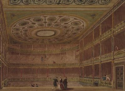 Interiér Theatre Royal, Drury Lane, při pohledu z jeviště, pozměněný a vyzdobený Robertem a Jamesem Adamem od English School