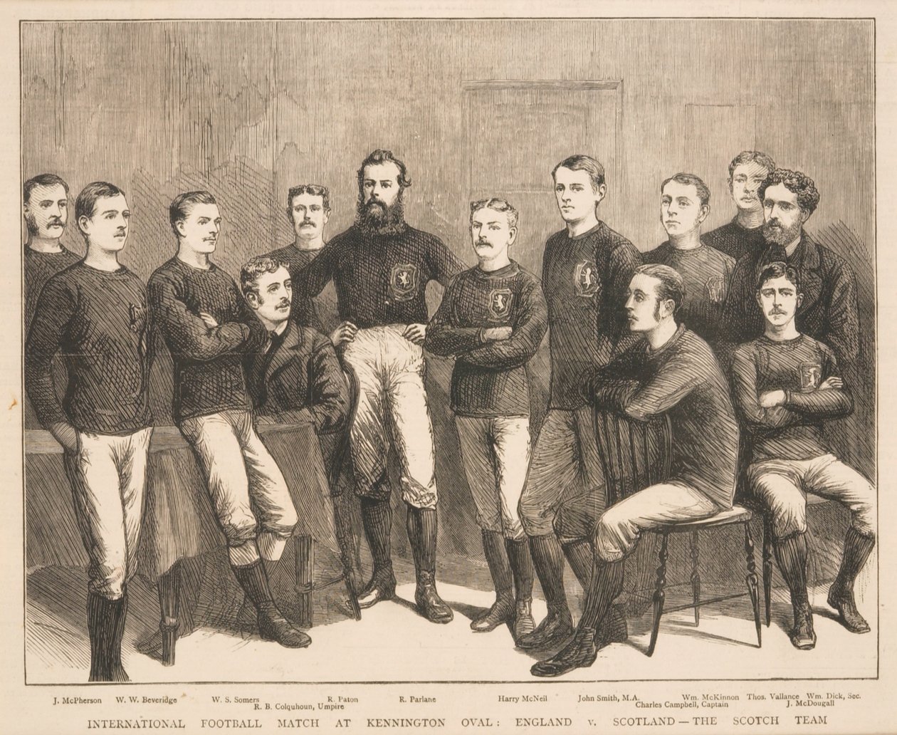 Mezinárodní fotbalový zápas na Kennington Oval: Anglie vs. Skotsko – The Scotch Team, od The Graphic, 1879 od English School