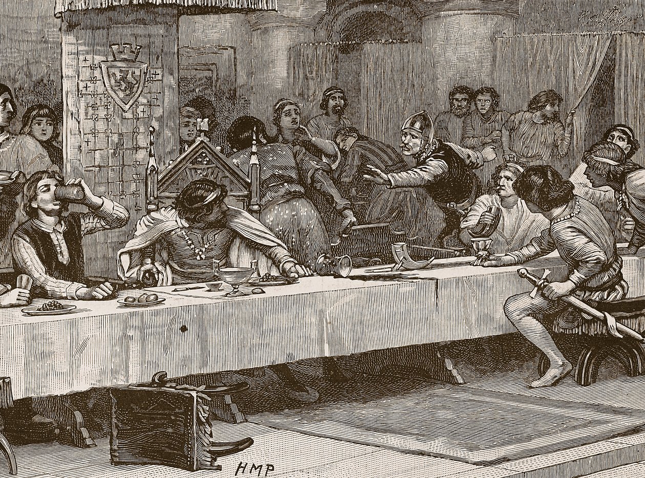 Přerušení Balliolovy vánoční večeře, ilustrace z Cassells Illustrated History of England (sépiová fotografie) od English School
