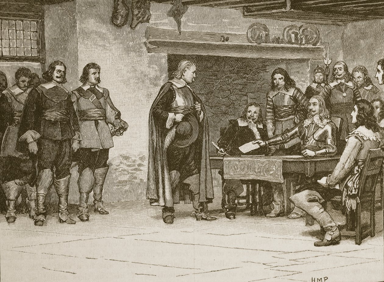 Rozhovor mezi Karlem a hrabětem z Denbighu, ilustrace z Cassells Illustrated History of England (sépiová fotografie) od English School