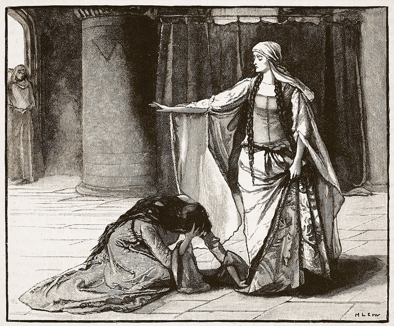Rozhovor mezi císařovnou Matyldou a královnou Maud, ilustrace z Cassells Illustrated History of England (sépiová fotografie) od English School