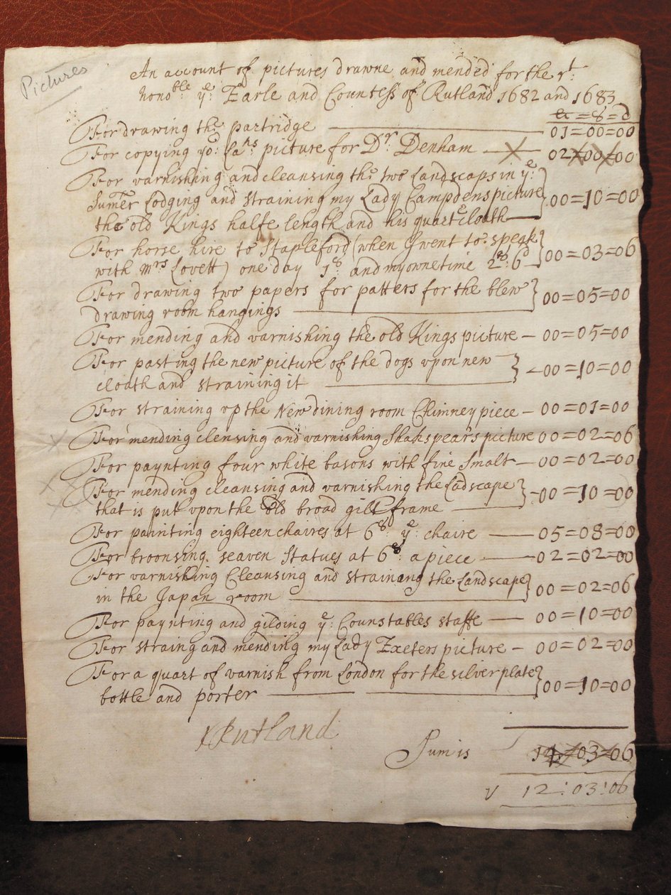 Faktura za čištění portrétu Williama Shakespeara, kolem roku 1682 (inkoust na papíře) od English School