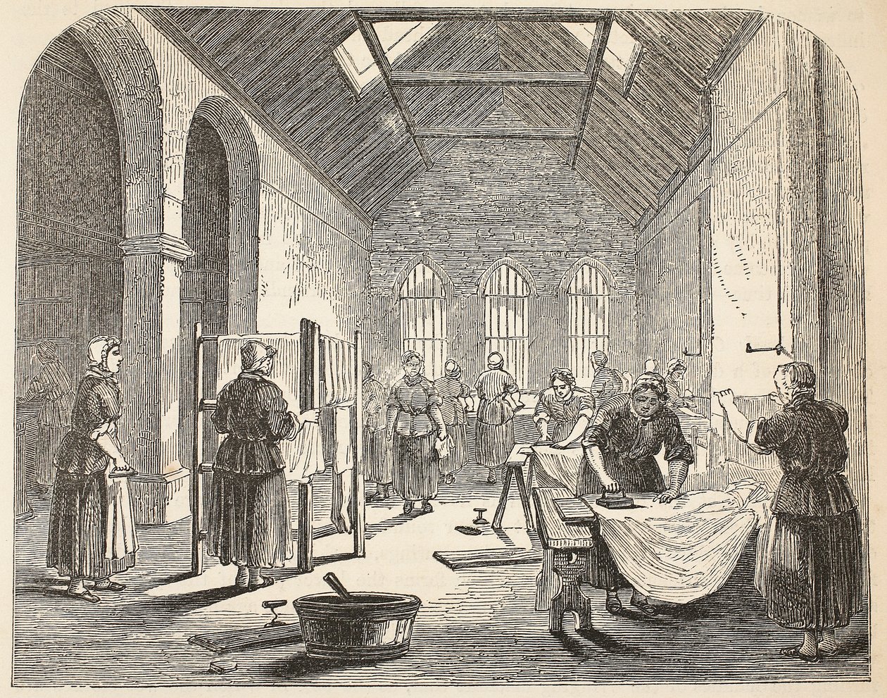 Žehlírna ve věznici Brixton, ilustrace z knihy The Criminal Prisons of London and Scenes from Prison Life od Henryho Mayhewa a Johna Binnyho, vyd. 1862 od English School