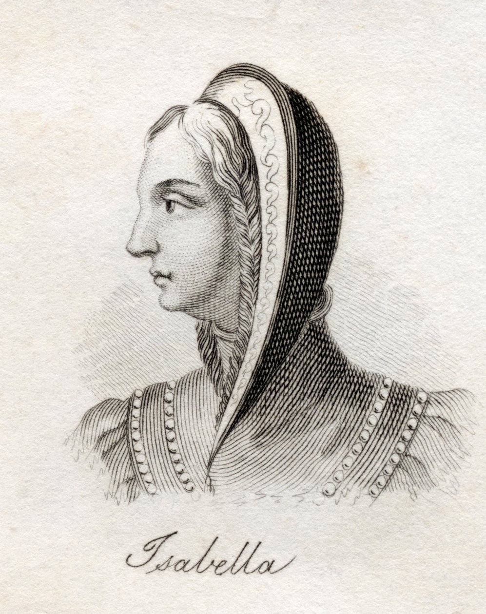 Isabella I, královna Kastilie a Leon, z „Crabbova historického slovníku“, vydaného v roce 1825 od English School