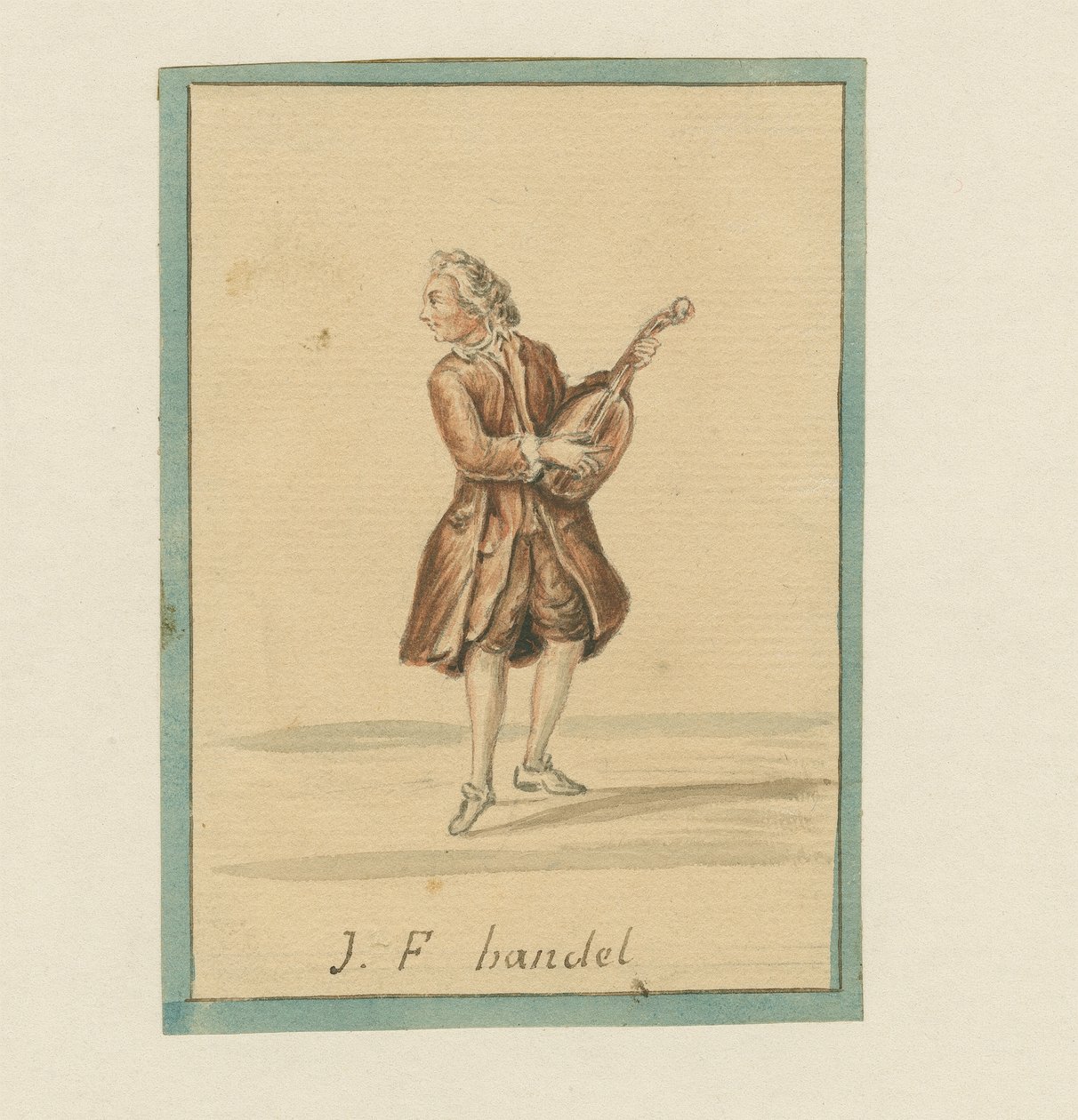 J. F. Handel, polovina 19. století (pero a inkoust, pastelka a mytí na papíře) od English School