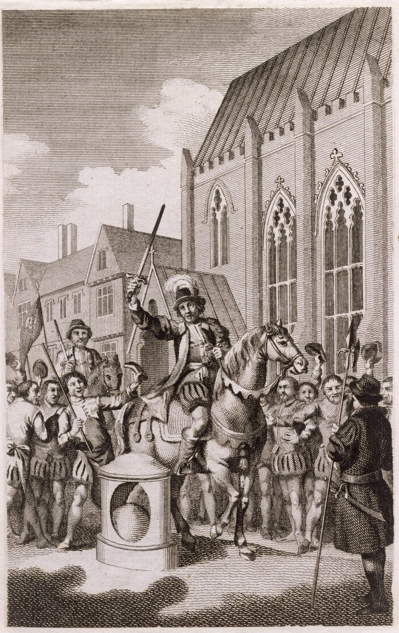 Vzpoura Jacka Cadese v roce 1450: Cade se prohlašuje za Lorda City of London na London Stone, Cannon Street, kolem roku 1770 od English School