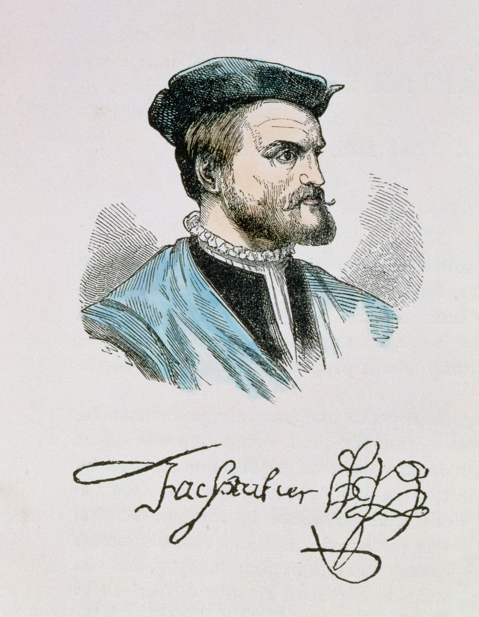 Ilustrace Jacquese Cartiera (1491-1557) ze IV. dílu "Narrative and Critical History of America", 1886 (pozdější kolorování) od English School
