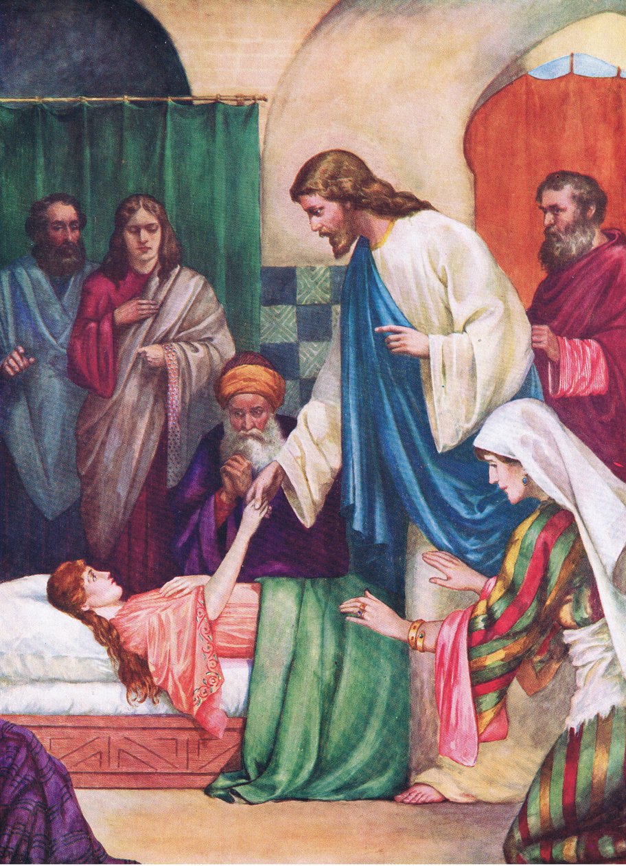 Jairova dcera, z knihy The Bible Picture Book vydané Thomasem Nelsonem, kolem roku 1950 (barevné lito) od English School