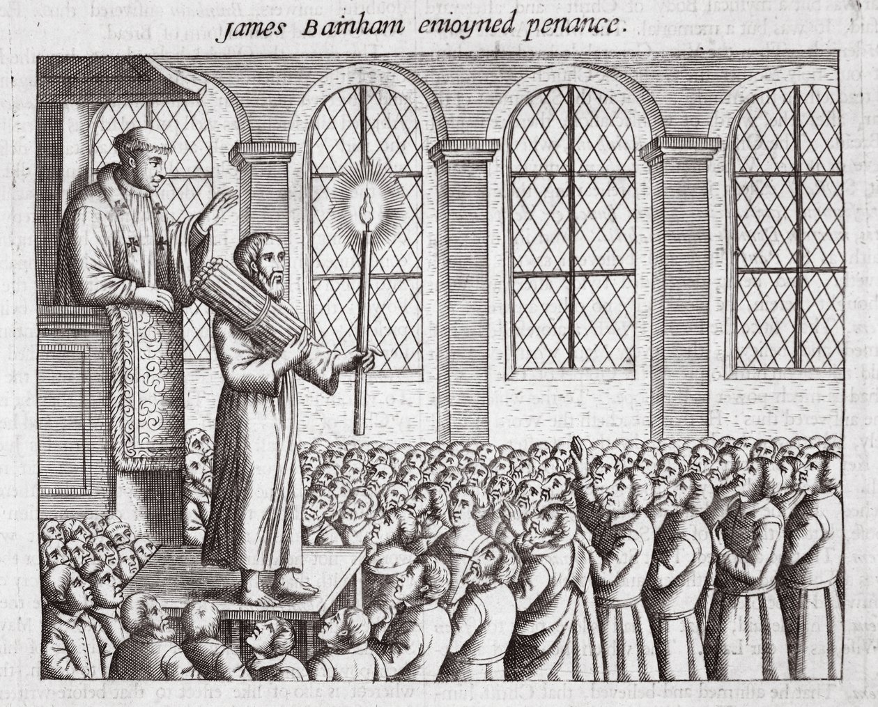 James Bainham si užil pokání, ilustrace z Acts and Monuments od Johna Foxe, deváté vydání, hospoda. 1684 od English School