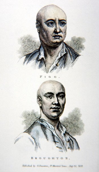 James Figg a Jack Broughton, z tisku vydaného v roce 1812 (barevné lito) od English School