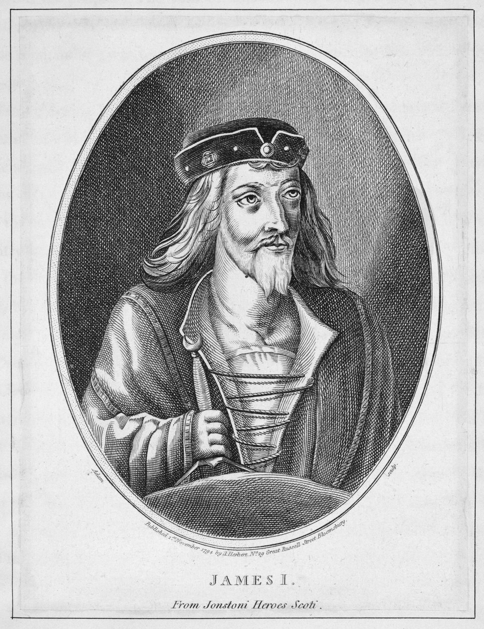 Jakub I. (1394-1437), skotský král, z Johnstones Scottish Heroes, vyryl Adam, publikoval 1794 od English School