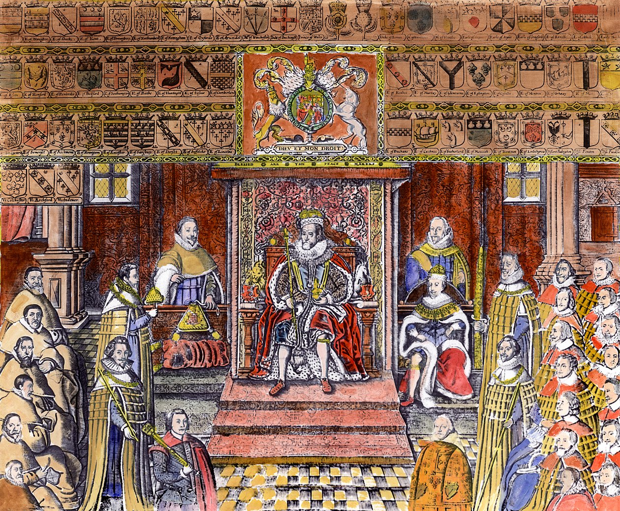 Jakub I. Anglický (1566-1625) u dvora, (rytina) (později kolorování) od English School