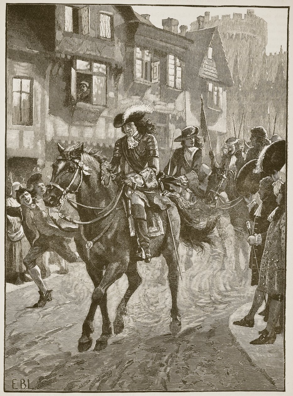 Jakub vjíždí do Dublinu po bitvě u Boyne, ilustrace z Cassells Illustrated History of England (sépiová fotografie) od English School