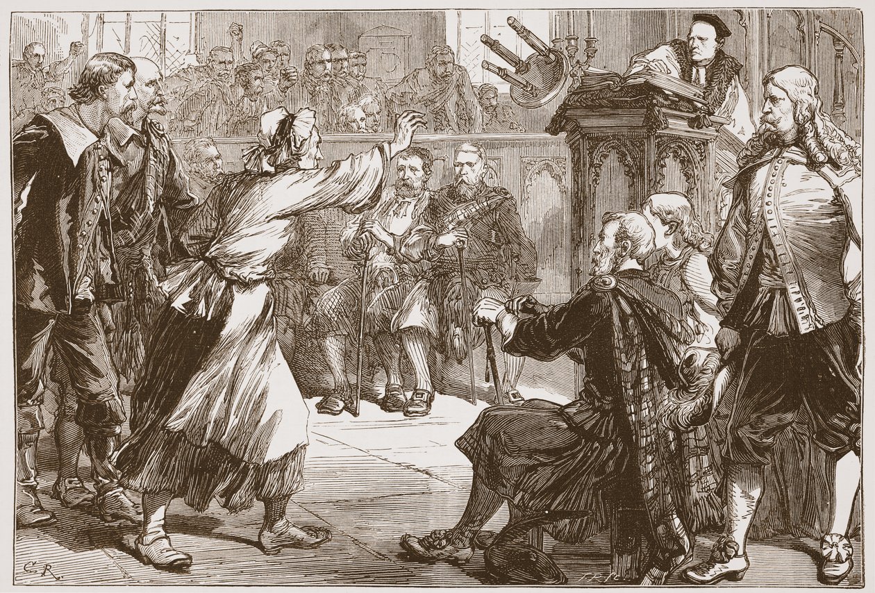 Janet Geddes hází stoličku u děkana z Edinburghu, ilustrace z Historie protestantismu od Jamese Aitkena Wylie (1808-1890), hospoda. 1878 od English School
