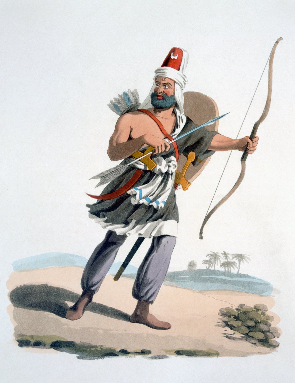 Janičář z Arábie, z Vojenského kostýmu Turecka, 1830 (ručně kolorovaný lept a akvatinta) od English School