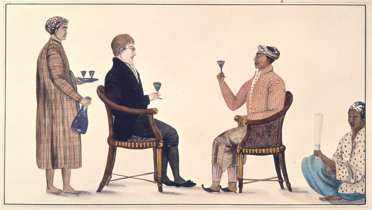 Javanese Grandee a Holanďan, z „Alba 116 kreseb vytvořených pod dohledem Colina Mackenzieho (1754-1821) na Jávě“ kolem roku 1811-13 (barevné lito) od English School