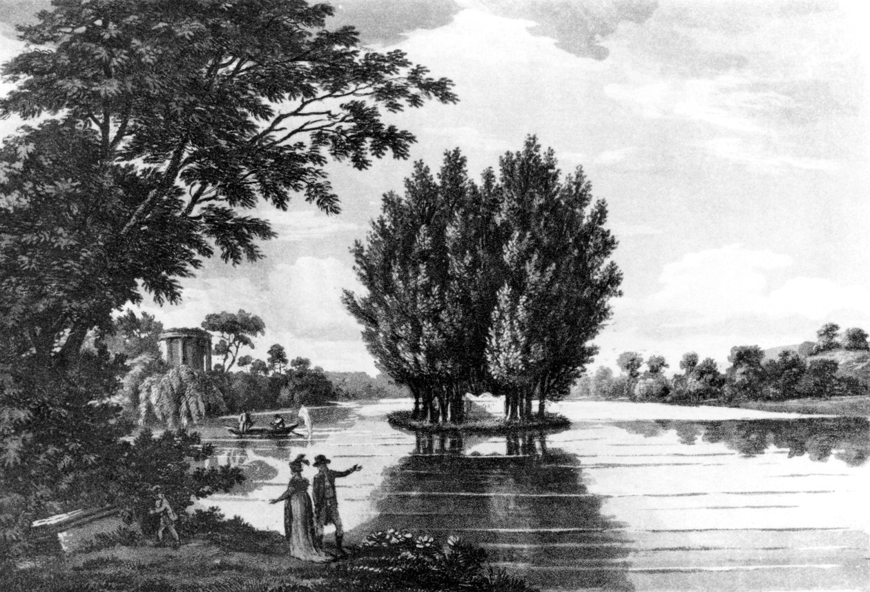 Hrob Jean-Jacquese Rousseaua (1712-78) v Ermenonville, ze Sportovní cesty po Francii v sérii dopisů hraběti z Darlingtonu od plukovníka Thomase Thorntona, zveřejněno 1806 (černobílá fotografie od English School