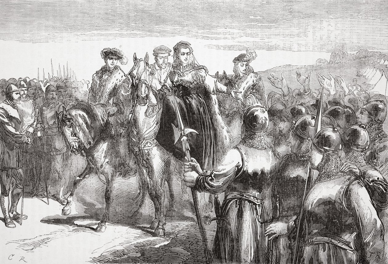 Jeanne DAlbret, královna Navarre, promluva k hugenotským vojákům, ilustrace z Historie protestantismu od Jamese Aitkena Wylie (1808-1890), hospoda. 1878 od English School