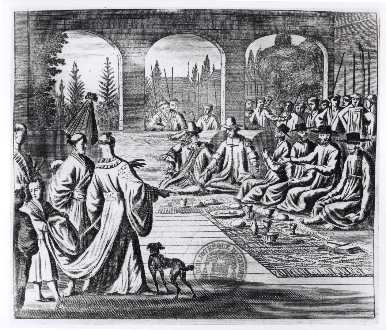 Jezuité s holandskými a portugalskými obchodníky na dvoře japonského císaře, ilustrace z A Memorable Embassy to the Emperor of Japan od Arnolda Montana, vydáno v Londýně 1670 od English School