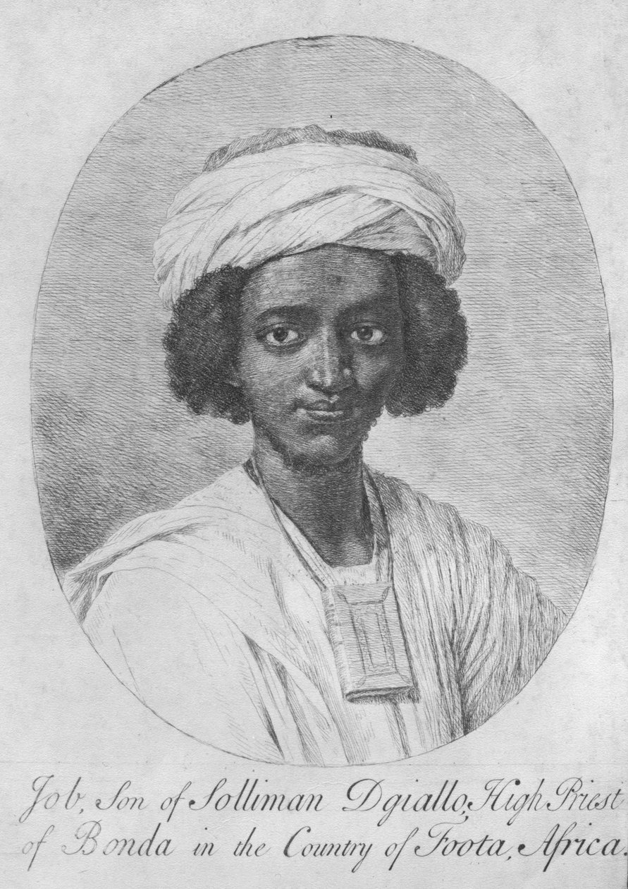 Job, syn Suleimana Dialla, velekněze dluhopisů v zemi Foota, Afrika, kolem roku 1750 (lept a rytina) od English School