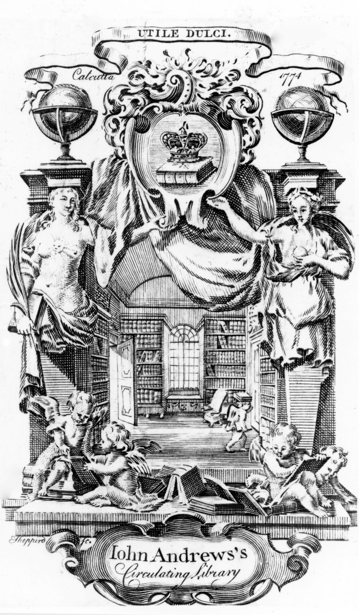 Knihovna John Andrewss Circulating Library od Josepha Shepperda, vydaná v Kalkatě, 1774 od English School