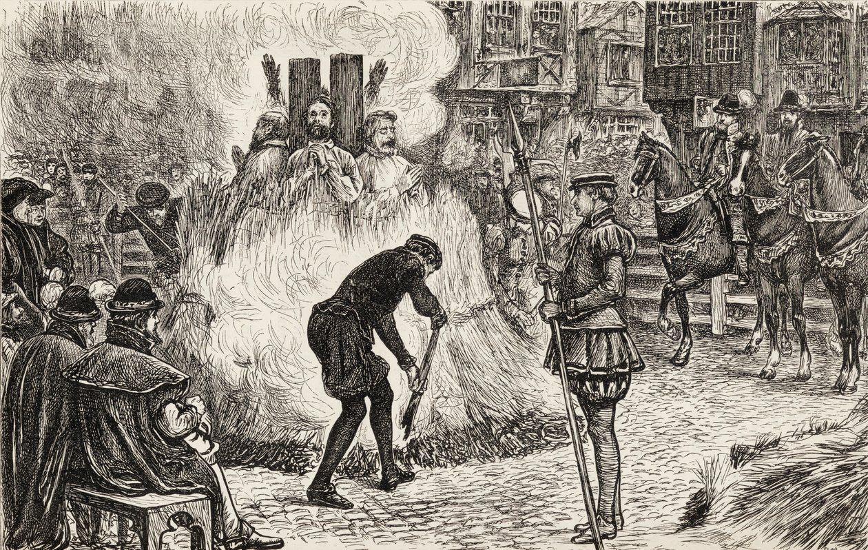 John Bland, John Frankesh, Nicholas Sheterden a Humphrey Middleton upáleni zaživa za kacířství v 16. století, kolem roku 1865 (dřevoryt) od English School