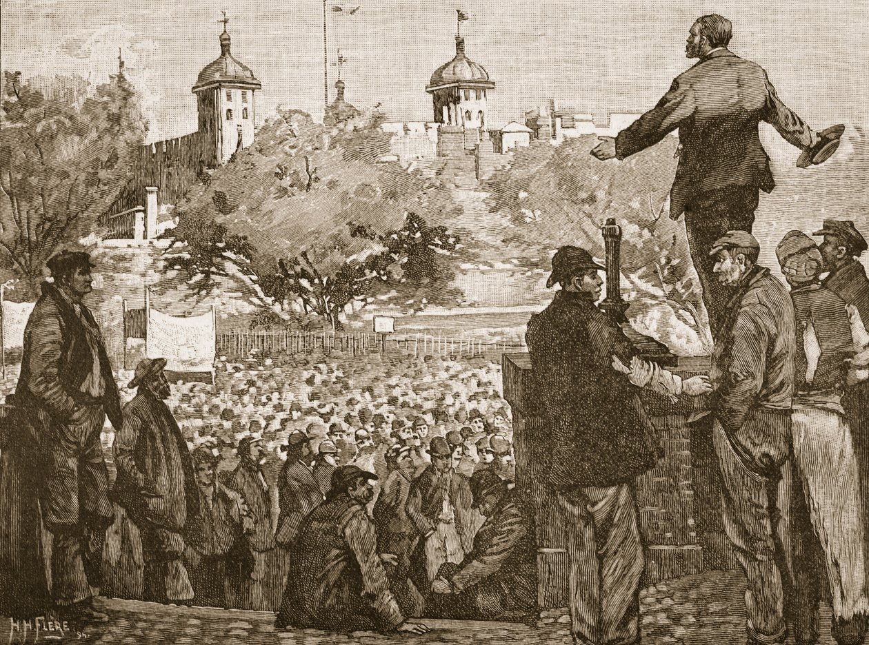 John Burns na shromáždění přístavních dělníků na Tower Hill, 1889, ilustrace z Cassells Illustrated History of England (sépiová fotografie) od English School