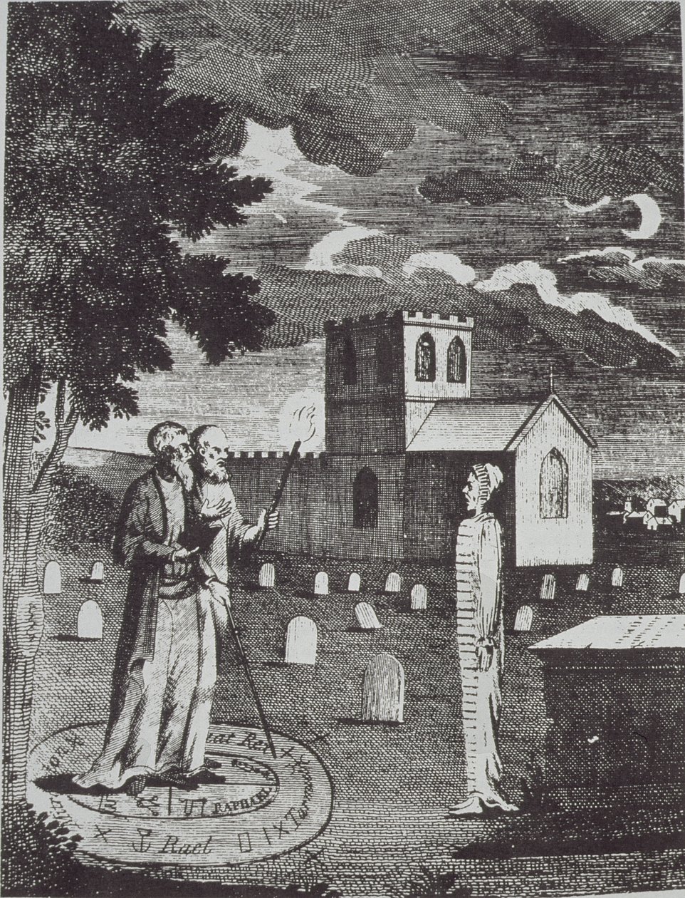 John Dee a Edward Kelly vyvolávající mrtvé, z Dějiny magie, vydané koncem 19. století od English School