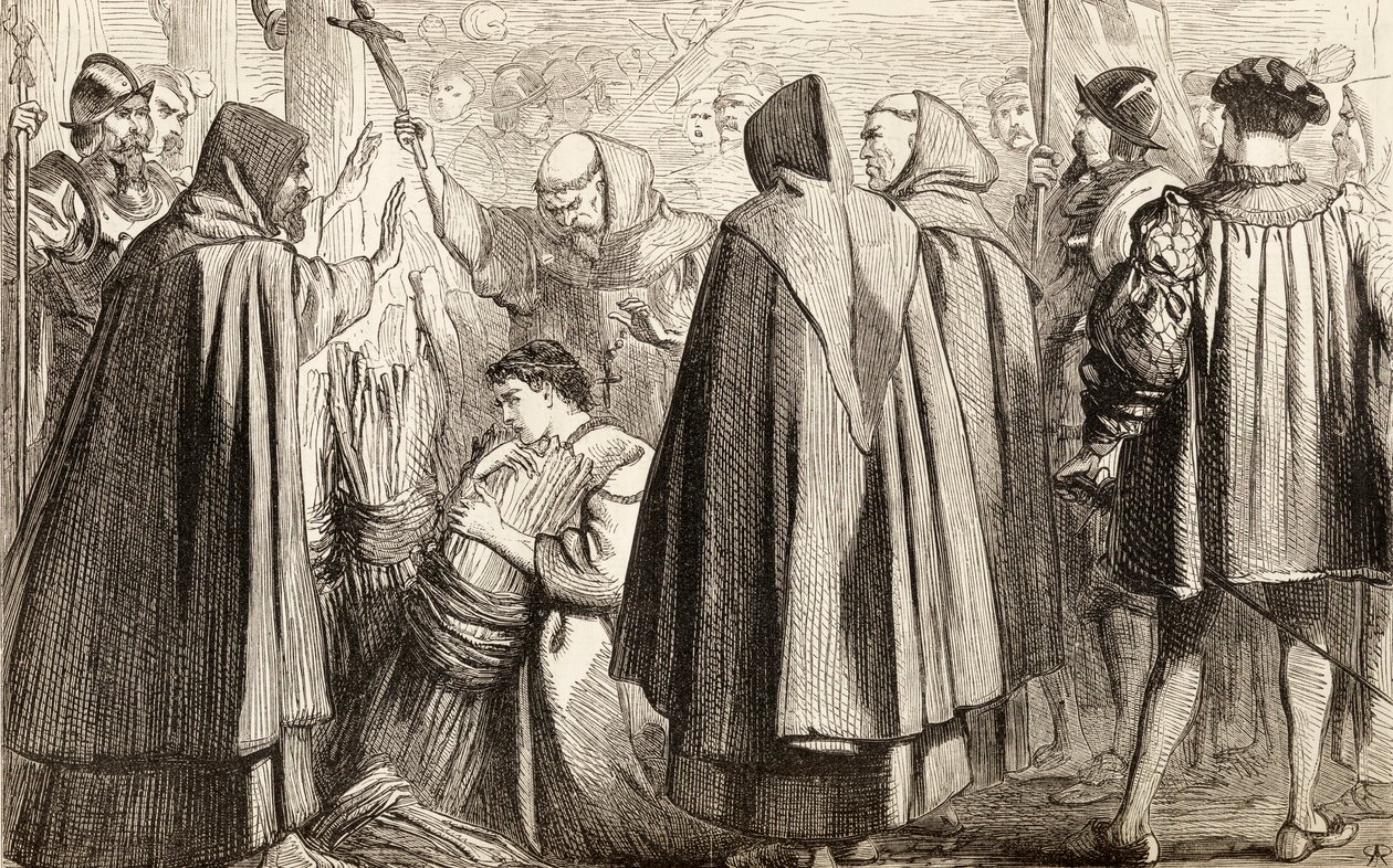 John Frith bude upálen na hranici za kacířství v roce 1533, kolem roku 1865 (dřevoryt) od English School