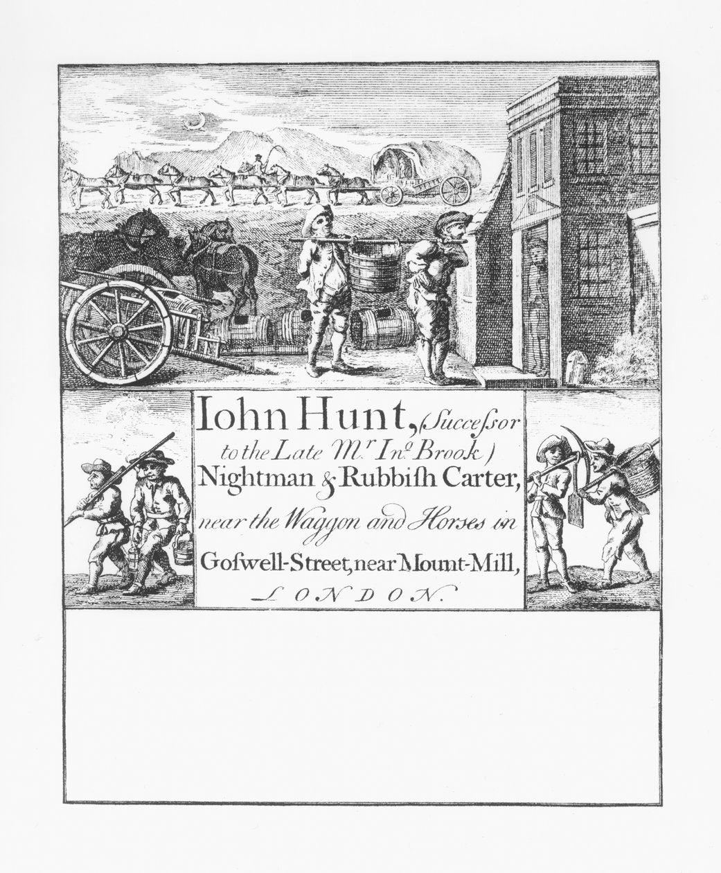 John Hunt, Nightman a Rubbish Carter, poblíž vozu a koní v Goswell Street, poblíž Mount Mill, Londýn od English School