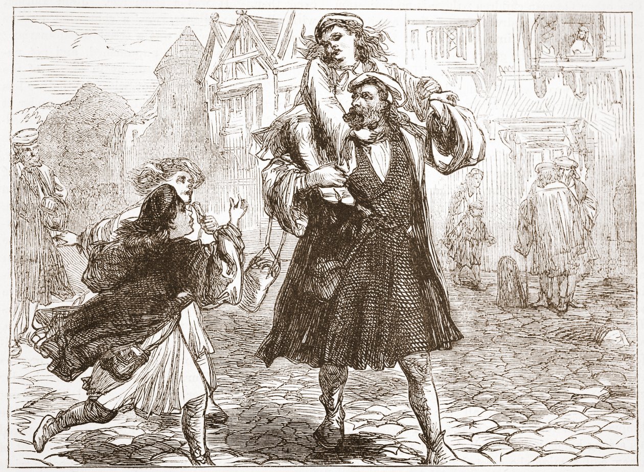 John Luther bere svého syna do školy, ilustrace z Historie protestantismu od Jamese Aitkena Wylie (1808-1890), hospoda. 1878 od English School